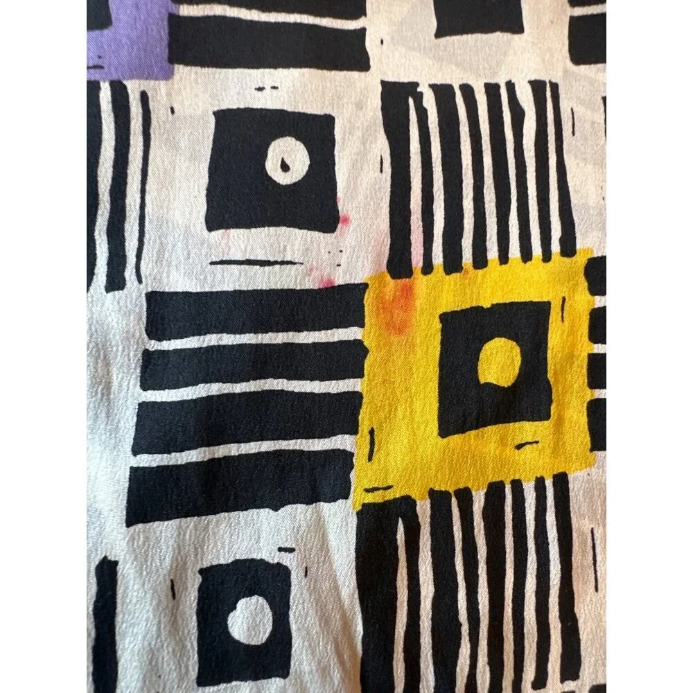 Vintage‎ Geometric Patterned Silk Scarf Black/White Red Yellow Purple Accents